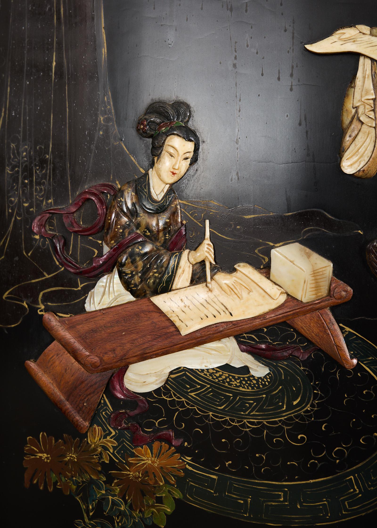 Chinese Export Vier Panel geschnitzt Speckstein Coromandel Bildschirm im Angebot 5