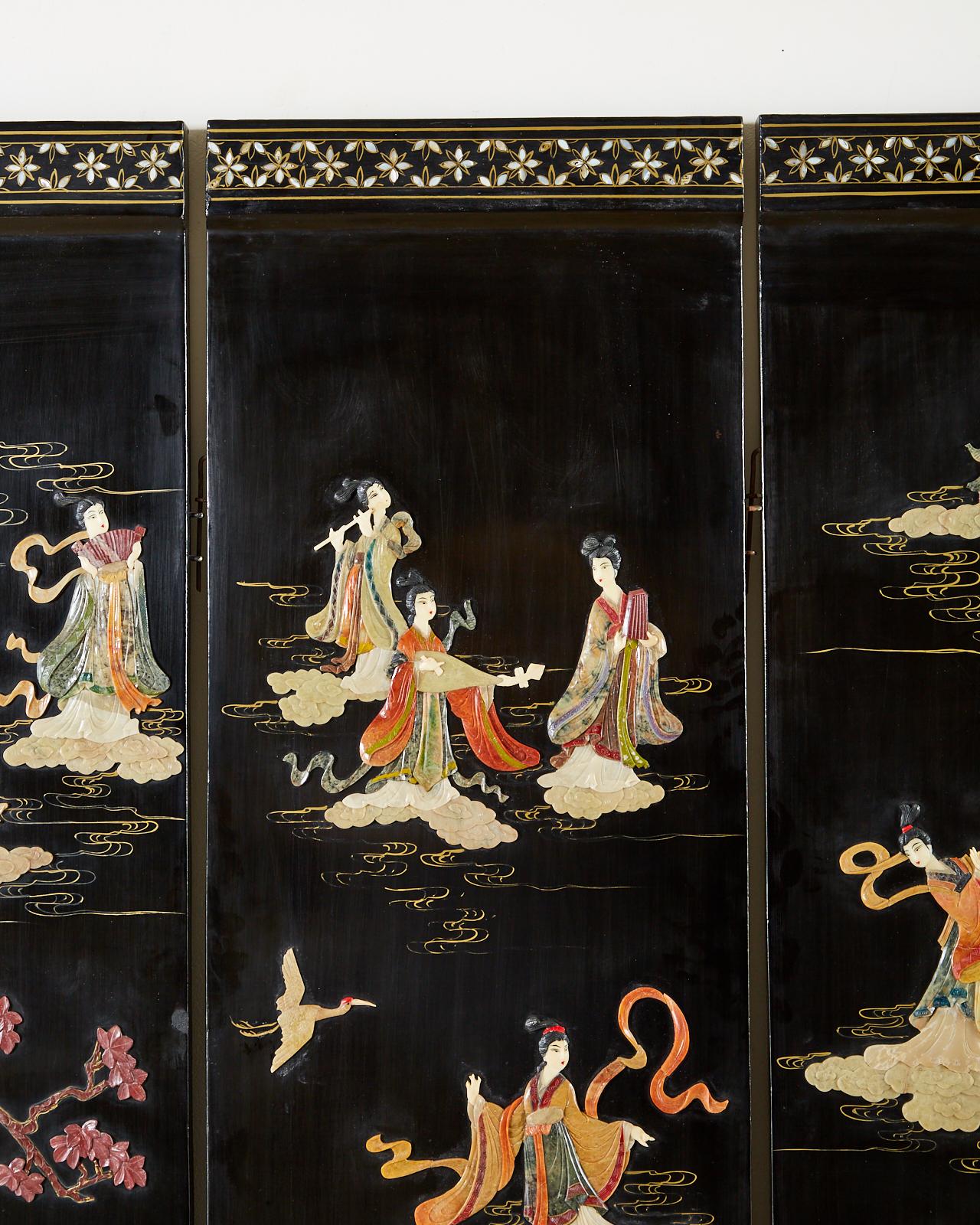 Chinese Export Four-Panel Carved Soapstone Coromandel Screen 8