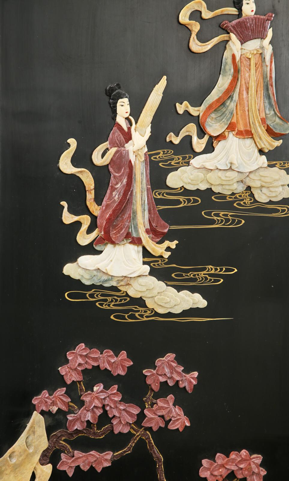 Chinese Export Four Panel Carved Soapstone Coromandel Screen 8
