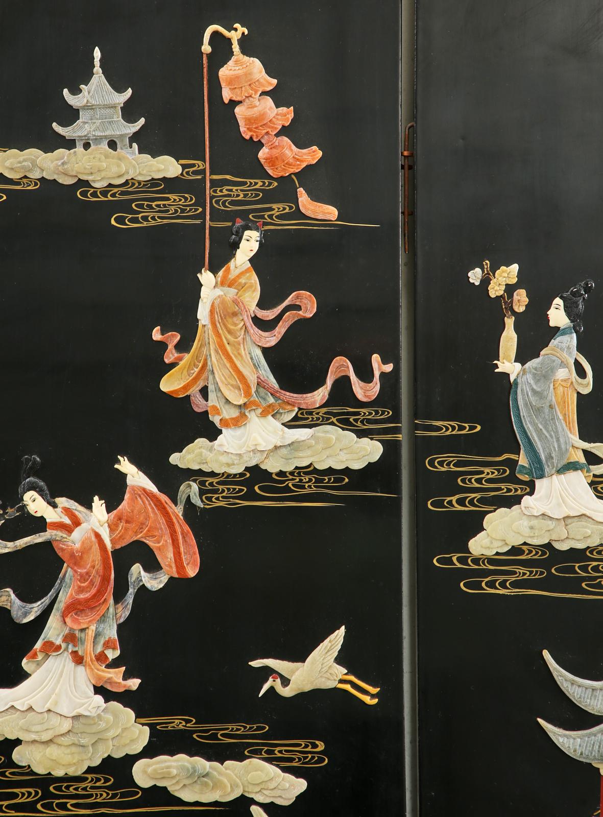 Chinese Export Four Panel Carved Soapstone Coromandel Screen 9
