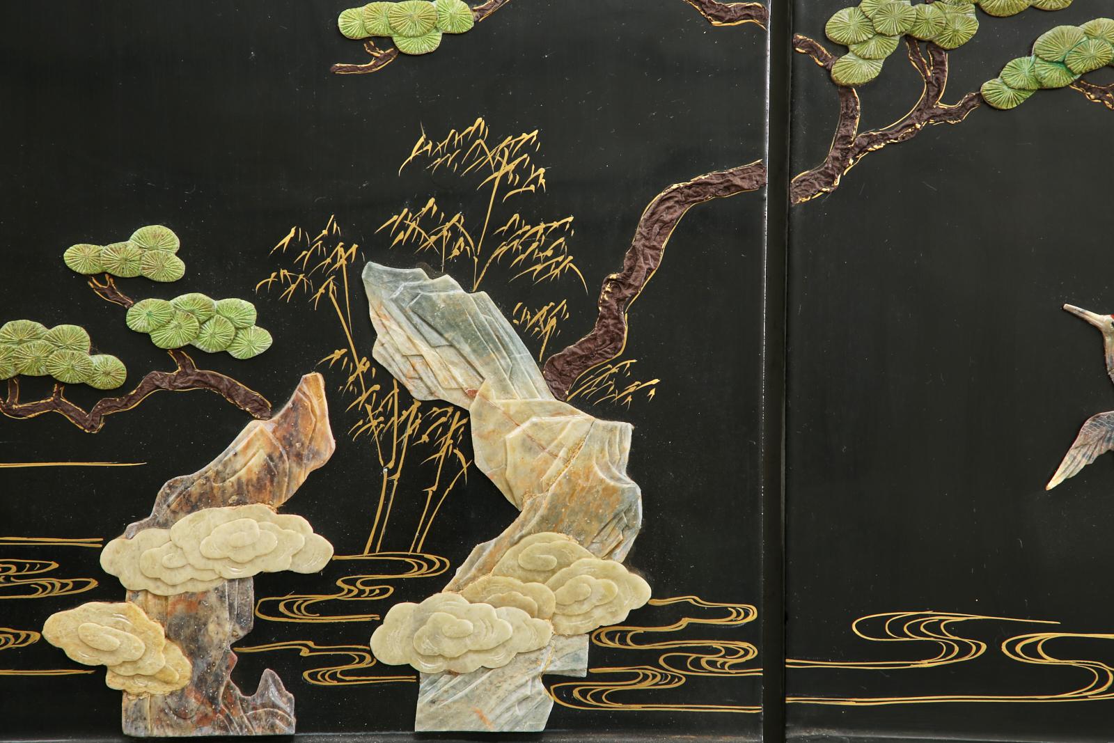 Chinese Export Four Panel Carved Soapstone Coromandel Screen 10