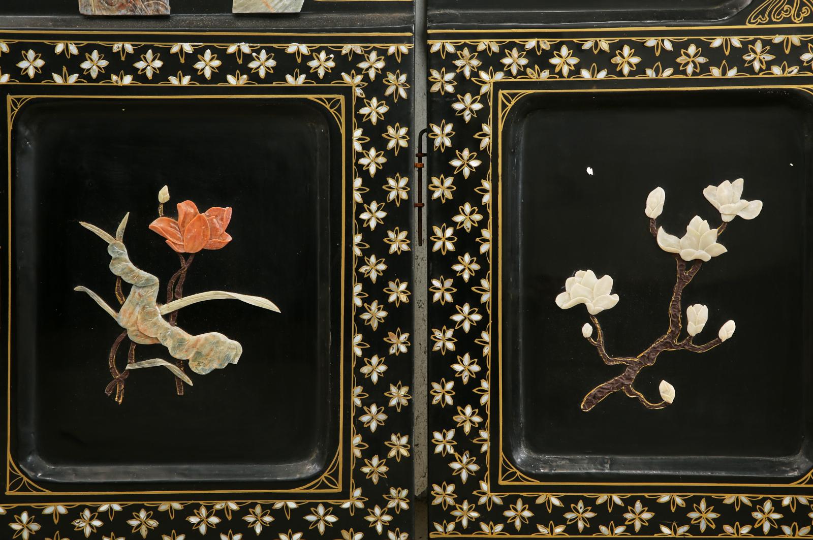 Chinese Export Four Panel Carved Soapstone Coromandel Screen 11