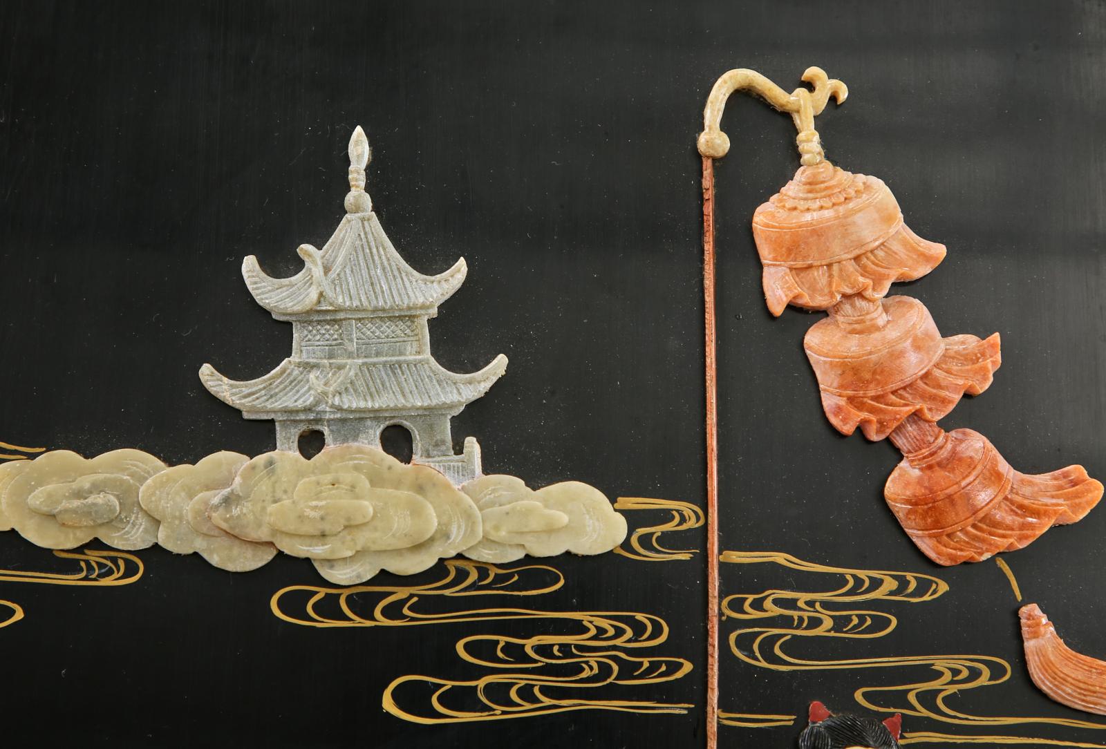 Chinese Export Four Panel Carved Soapstone Coromandel Screen 13