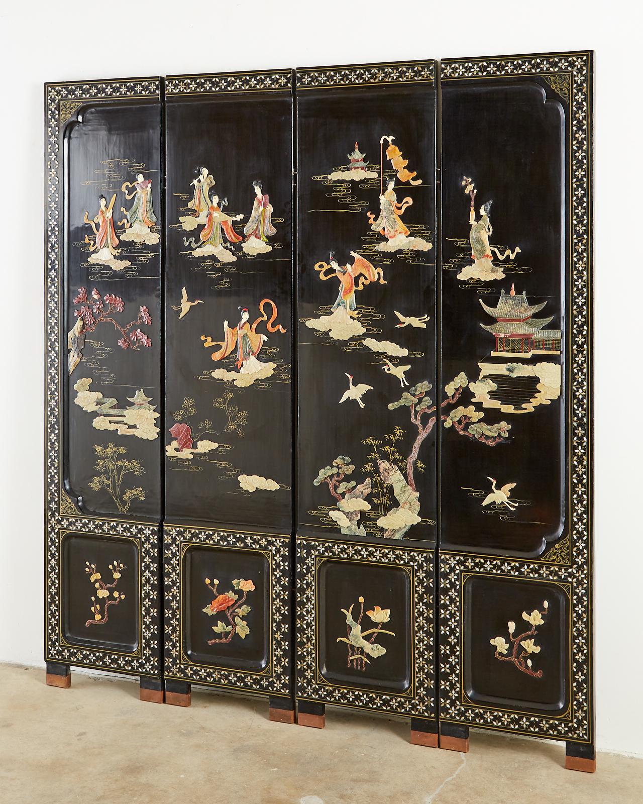 Hand-Crafted Chinese Export Four-Panel Carved Soapstone Coromandel Screen