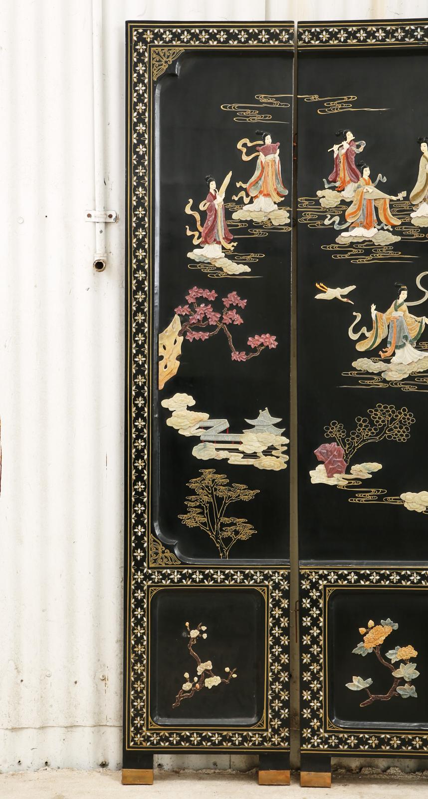 Hand-Crafted Chinese Export Four Panel Carved Soapstone Coromandel Screen