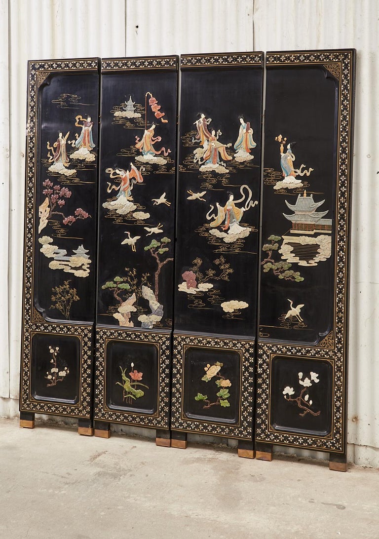 Hand-Crafted Chinese Export Four Panel Carved Soapstone Coromandel Screen For Sale