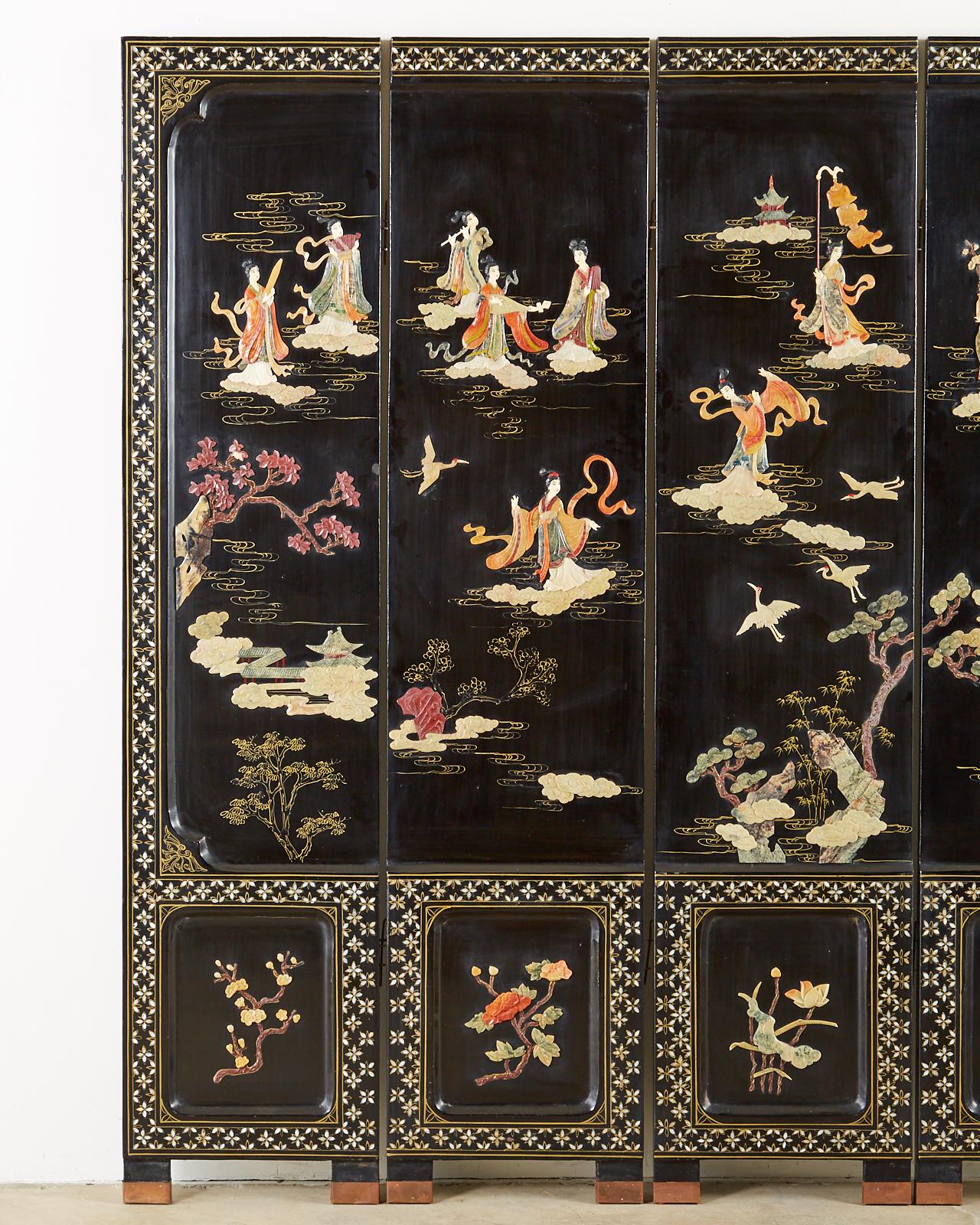 Chinese Export Four-Panel Carved Soapstone Coromandel Screen In Good Condition In Rio Vista, CA