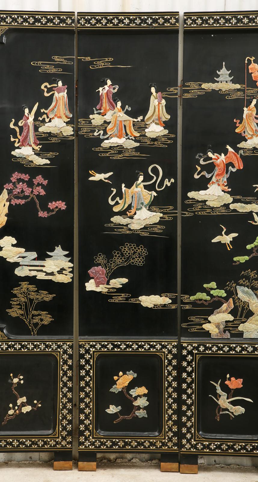 Chinese Export Four Panel Carved Soapstone Coromandel Screen In Good Condition In Rio Vista, CA