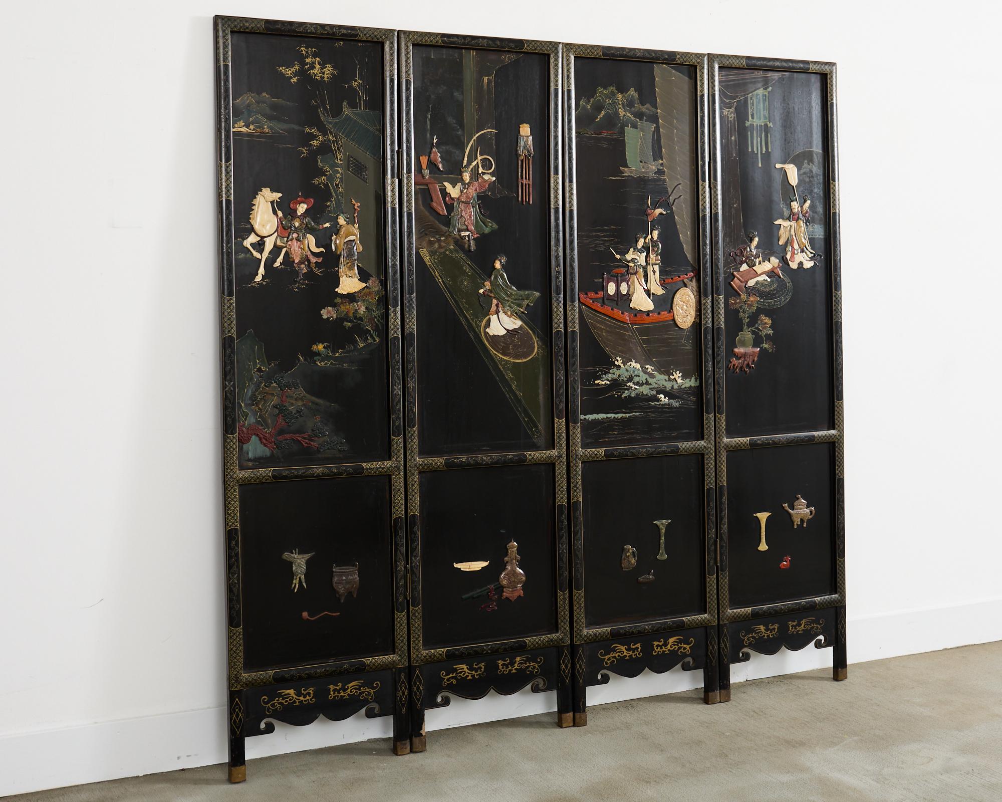 Chinese Export Vier Panel geschnitzt Speckstein Coromandel Bildschirm (Chinesisch) im Angebot
