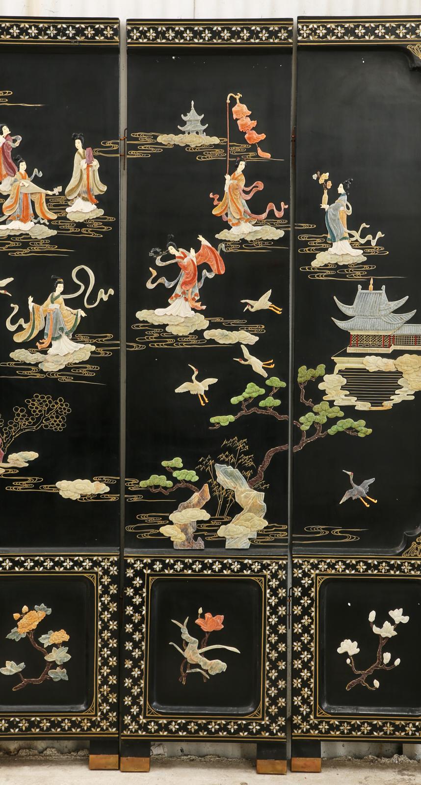20th Century Chinese Export Four Panel Carved Soapstone Coromandel Screen