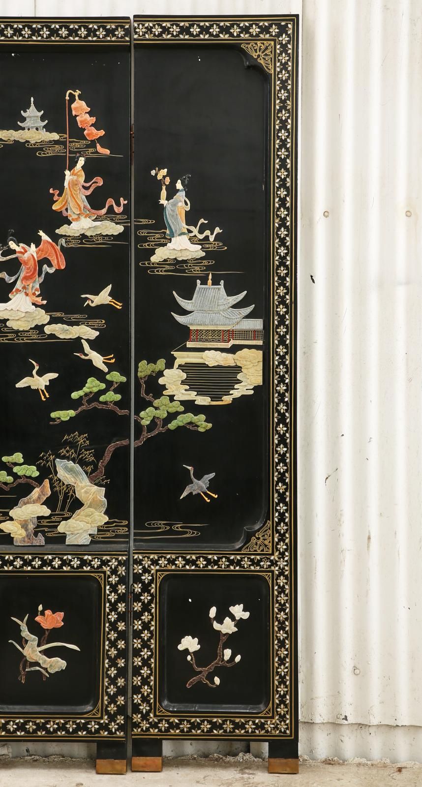 Brass Chinese Export Four Panel Carved Soapstone Coromandel Screen