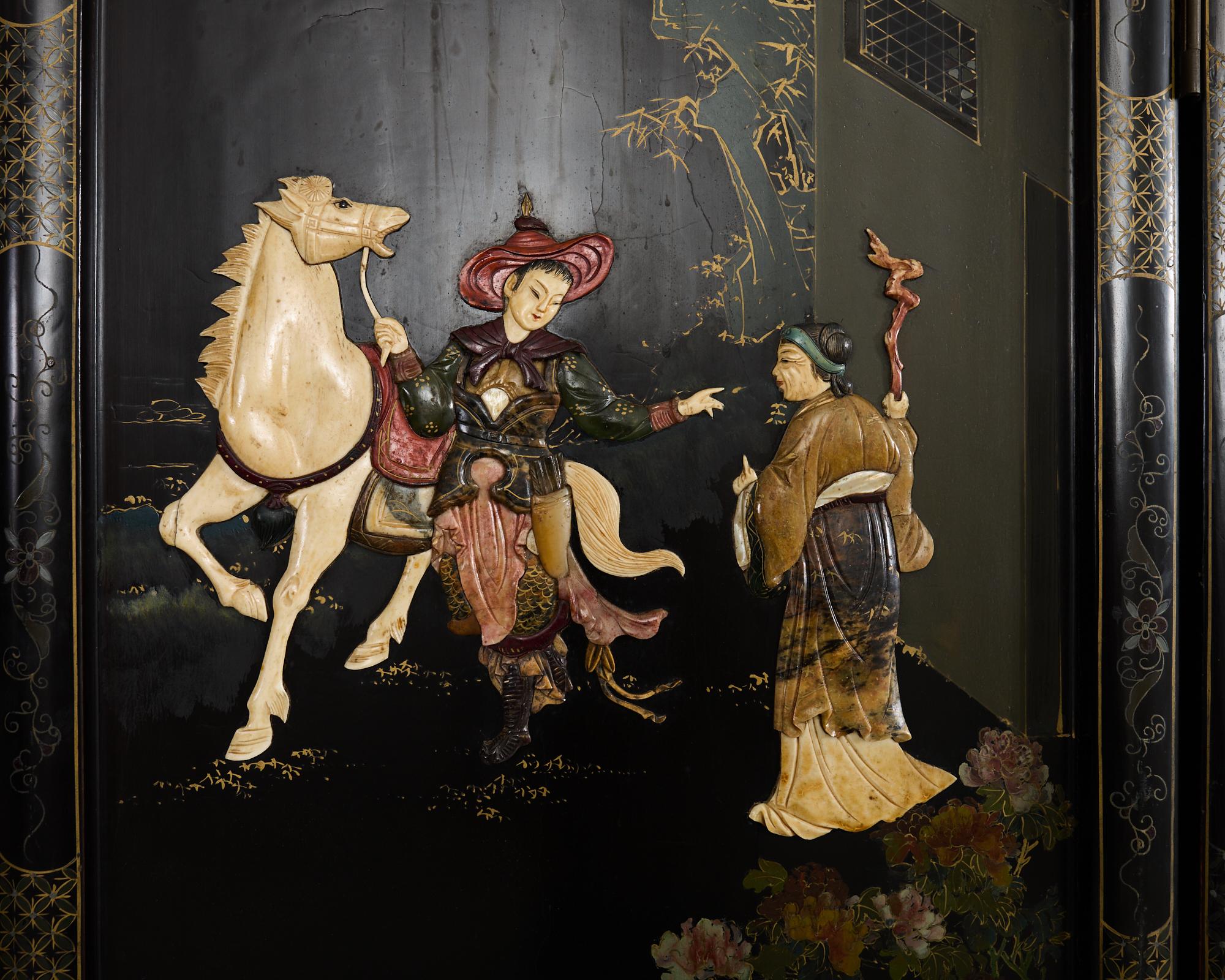 Chinese Export Vier Panel geschnitzt Speckstein Coromandel Bildschirm (20. Jahrhundert) im Angebot