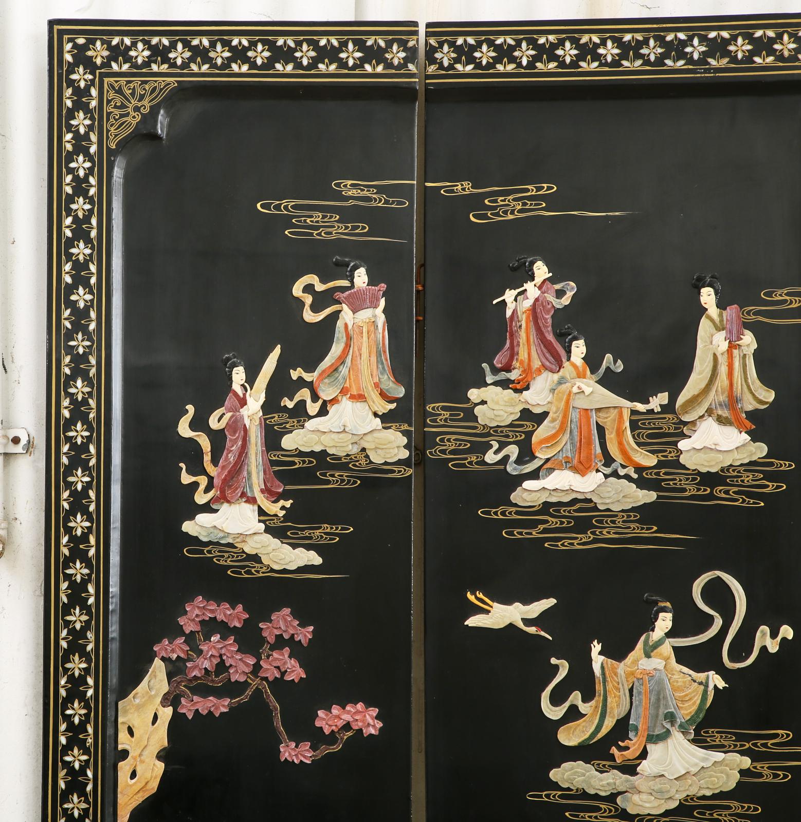 Chinese Export Four Panel Carved Soapstone Coromandel Screen 2