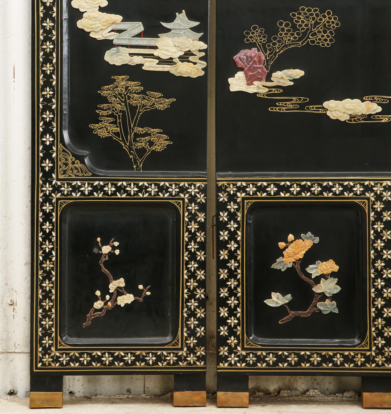 Chinese Export Four Panel Carved Soapstone Coromandel Screen 3