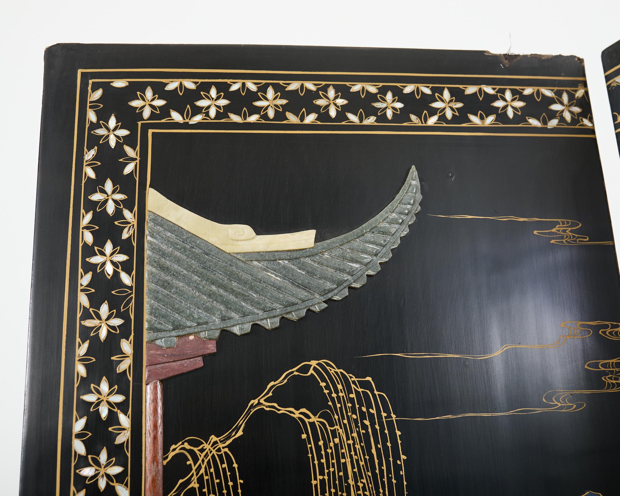 Paravent Coromandel d'exportation chinoise à quatre panneaux sculptés en vente 1