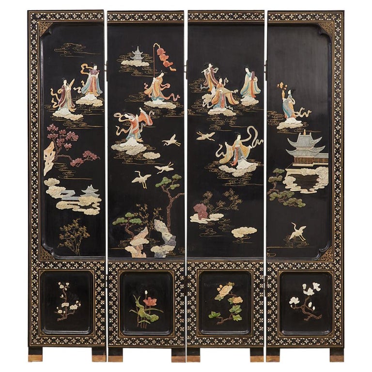 Chinese Export Four Panel Carved Soapstone Coromandel Screen For Sale
