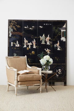 Chinese Export Four Panel Carved Soapstone Lacquer Screen