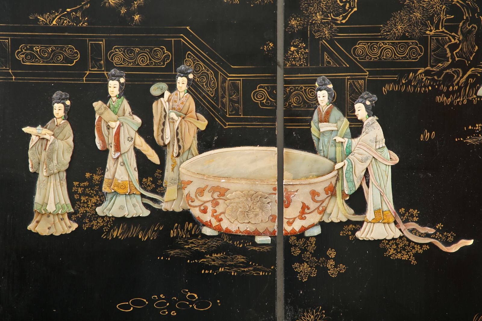 Chinese Export Four Panel Carved Soapstone Lacquered Screen For Sale 5