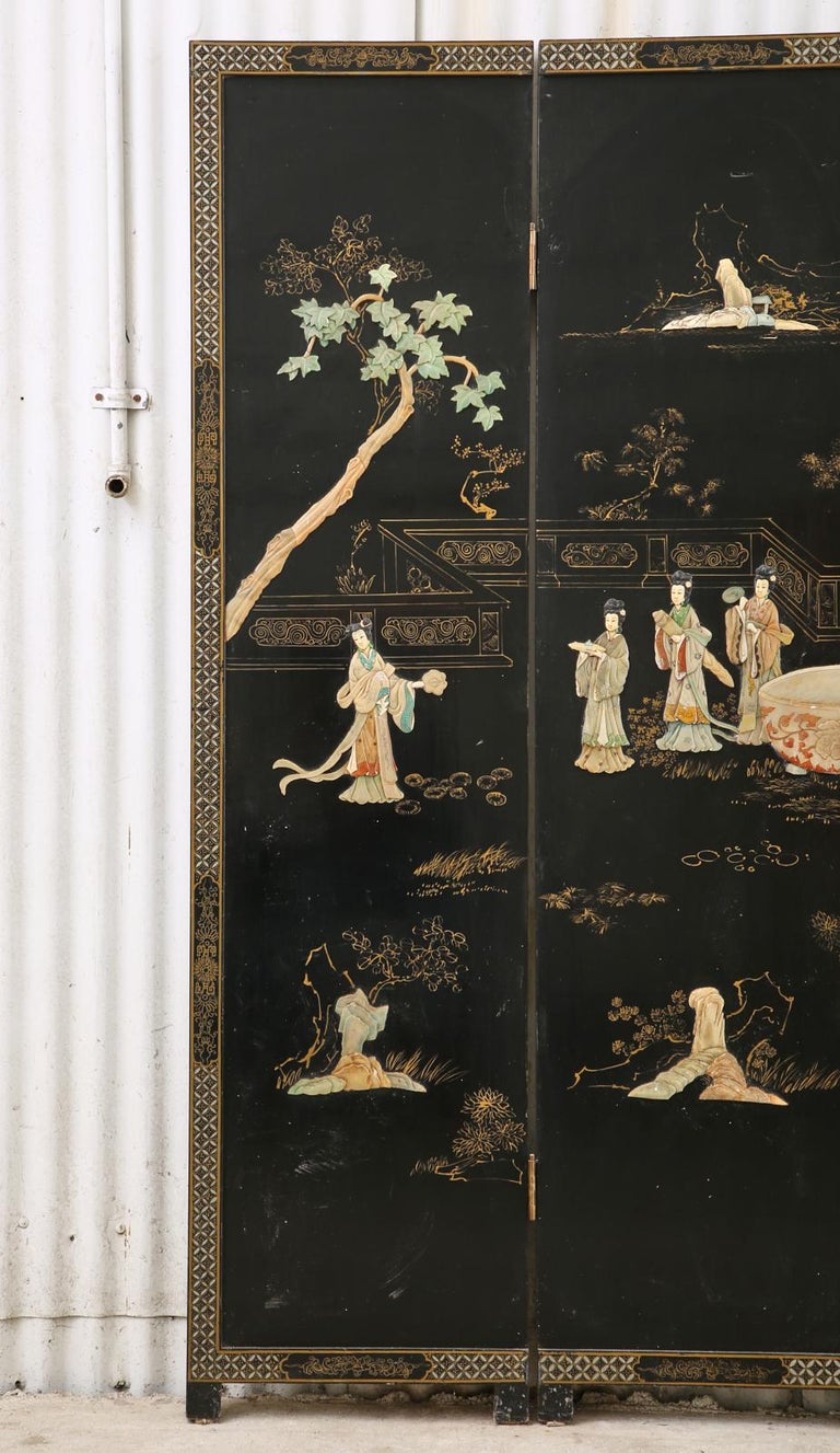 Hand-Crafted Chinese Export Four Panel Carved Soapstone Lacquered Screen For Sale
