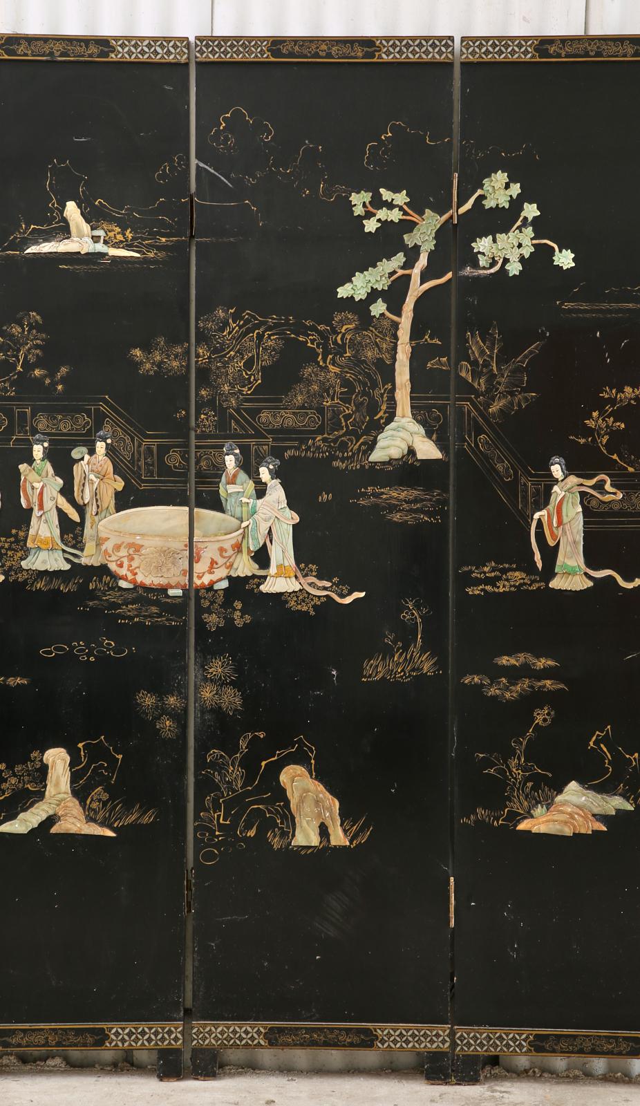 20th Century Chinese Export Four Panel Carved Soapstone Lacquered Screen For Sale