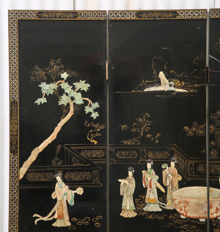 Chinese Export Four Panel Carved Soapstone Lacquered Screen For Sale 3