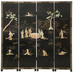 Chinese Export Four Panel Carved Soapstone Lacquered Screen