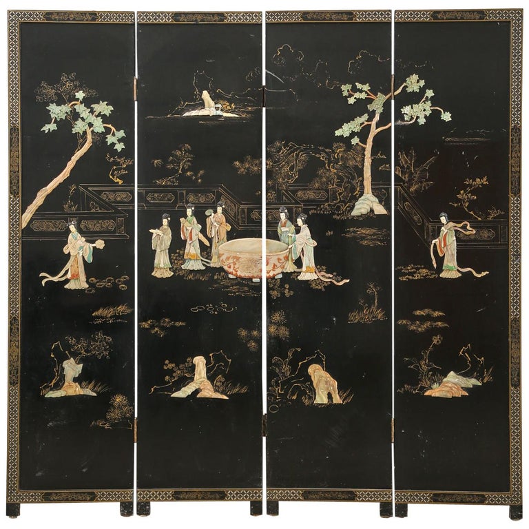 Chinese Export Four Panel Carved Soapstone Lacquered Screen For Sale