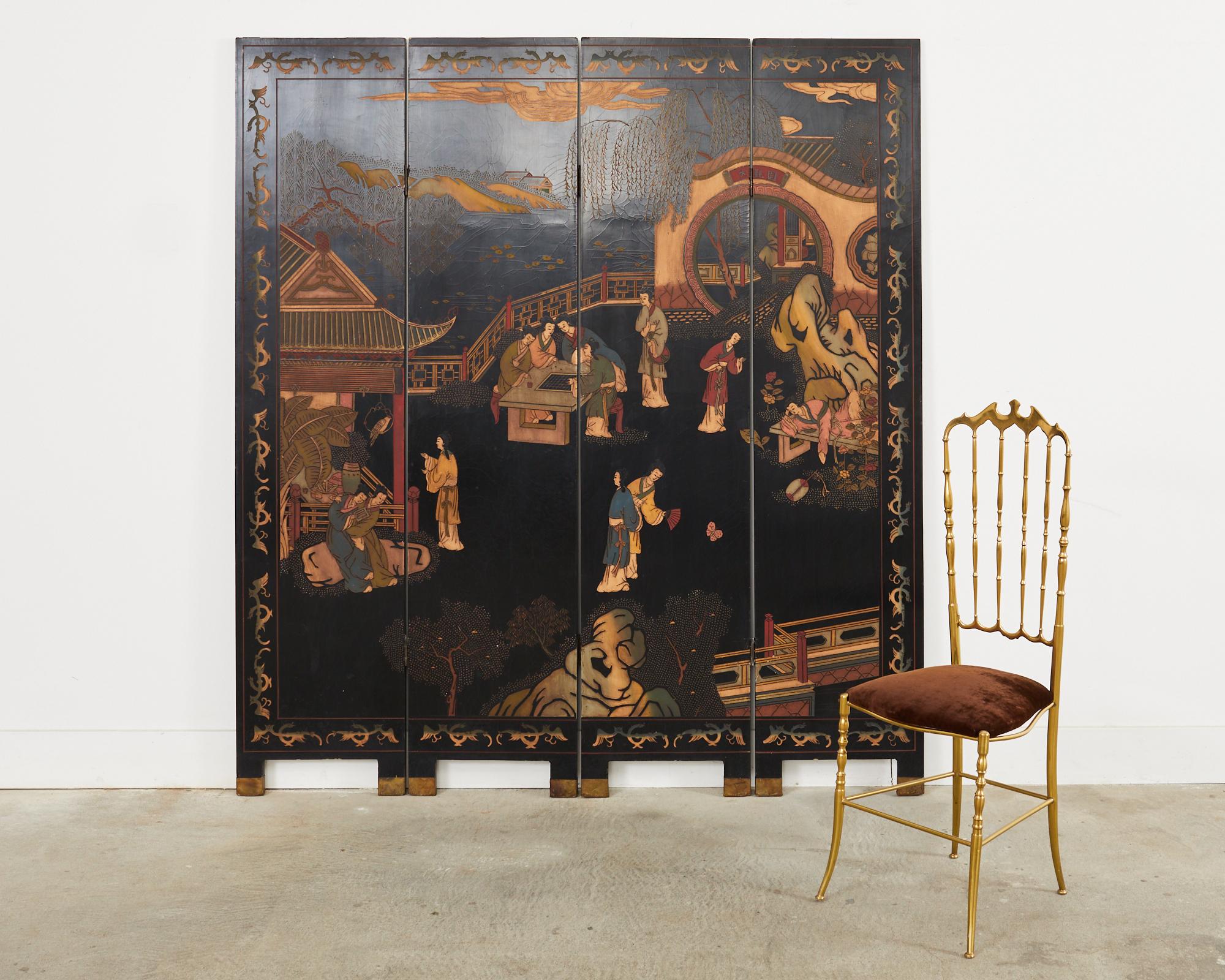 Faded Chinese export narrative tale coromandel screen with four lacquered panels. The scene is from the 18th century novel by Cao Xuegin. The screen depicts beauties in the grand view garden of Daguanyuan. The panels are incised with faded color