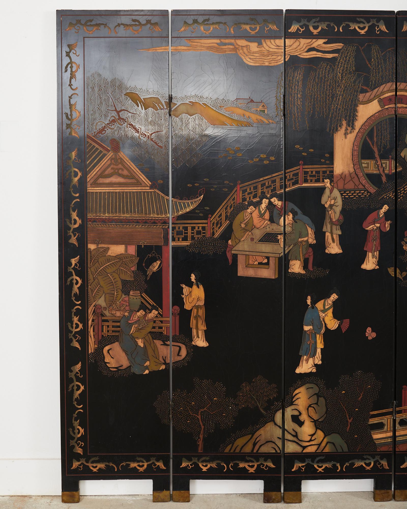 Lacquered Chinese Export Four Panel Coromandel Dream of the Red Chamber For Sale