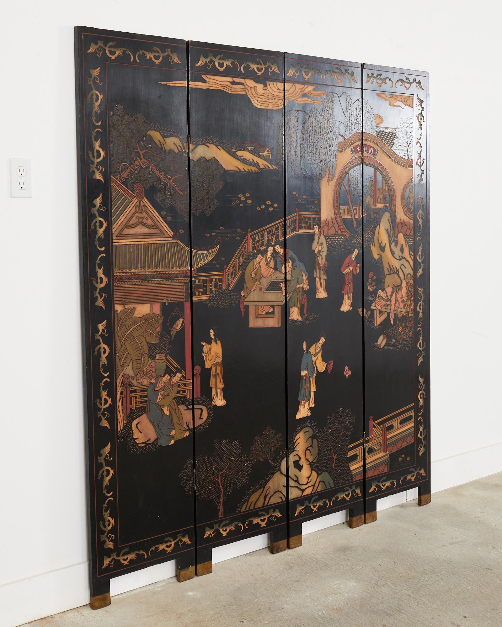 20th Century Chinese Export Four Panel Coromandel Dream of the Red Chamber For Sale