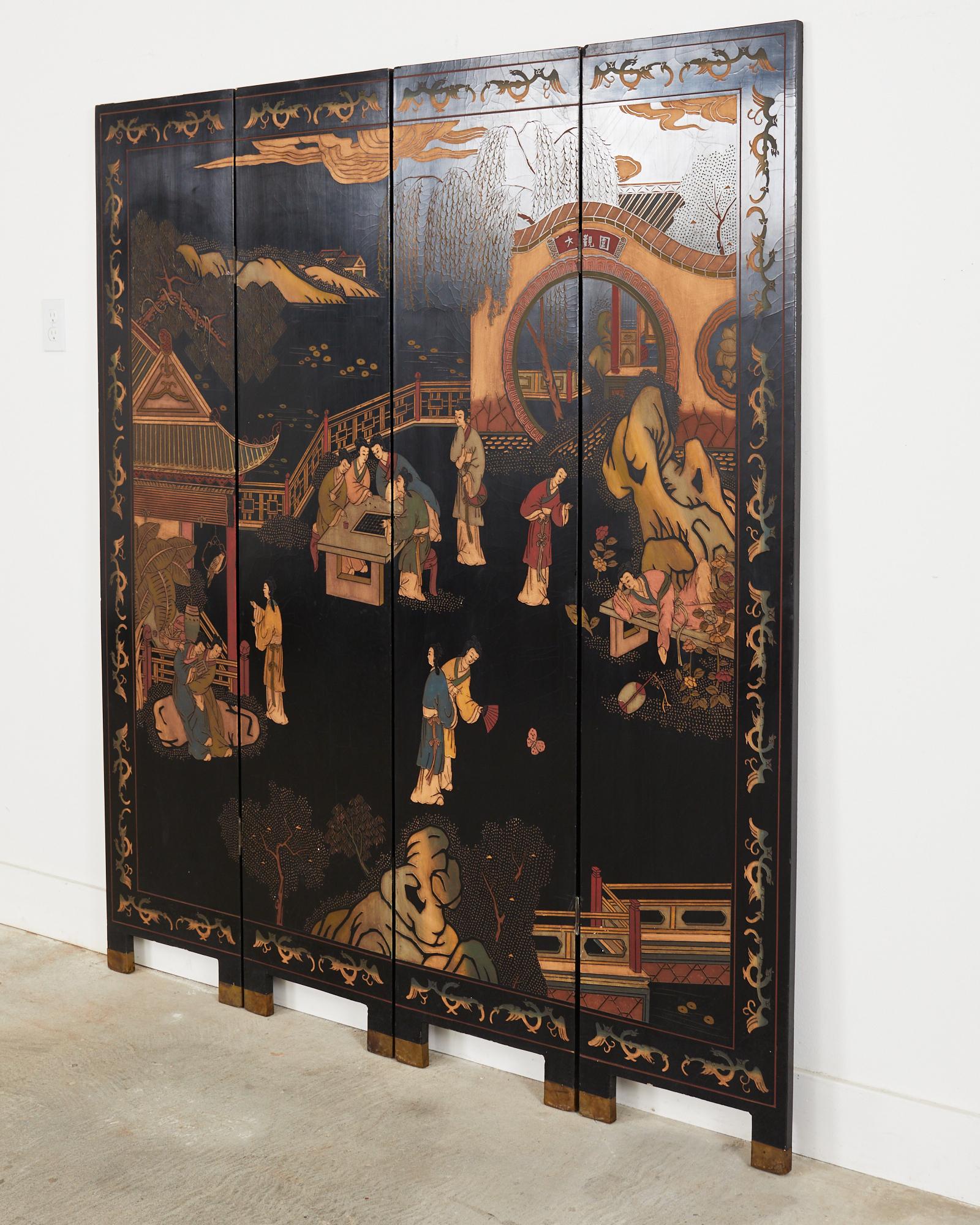 Chinese Export Four Panel Coromandel Dream of the Red Chamber For Sale 1