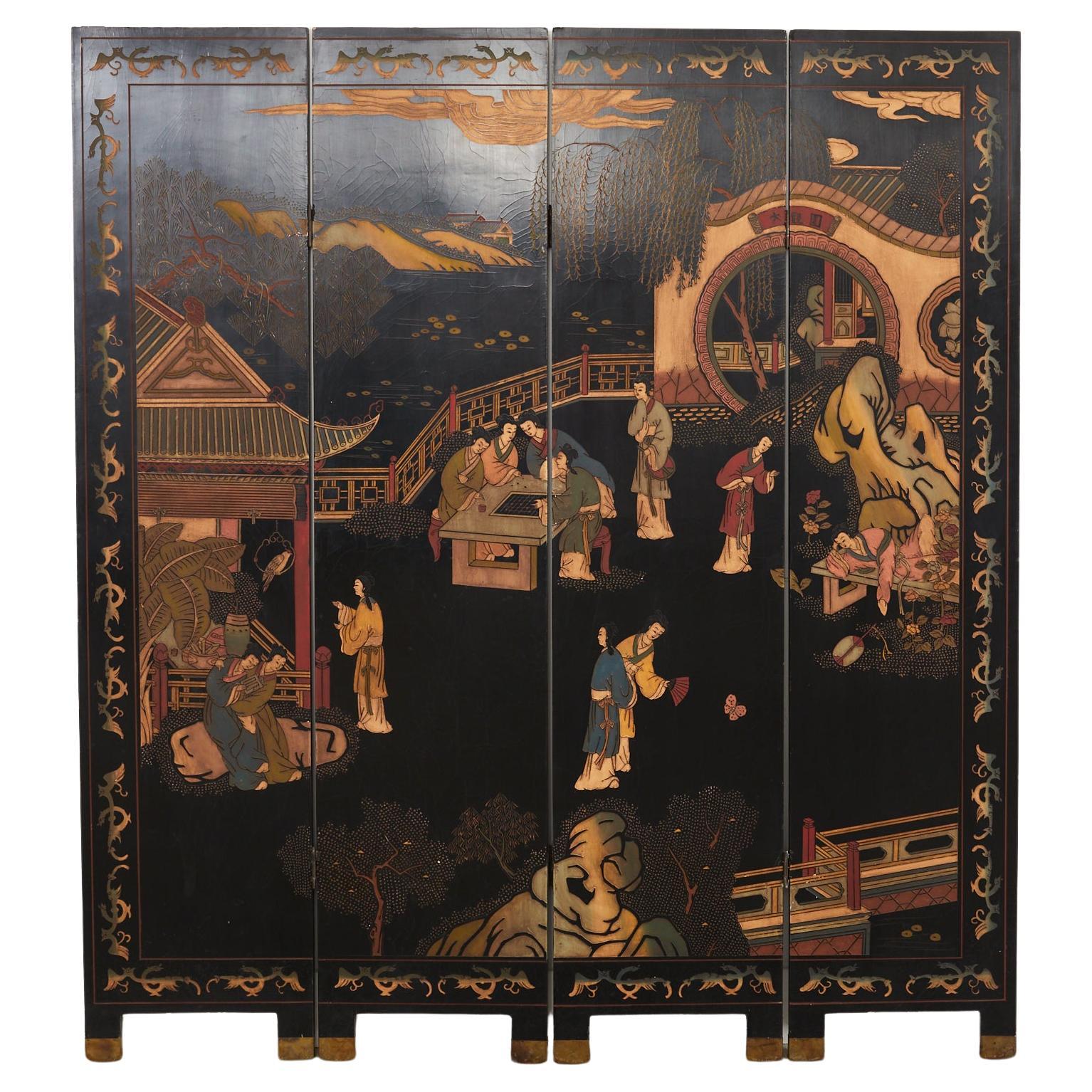 Chinese Export Four Panel Coromandel Dream of the Red Chamber For Sale