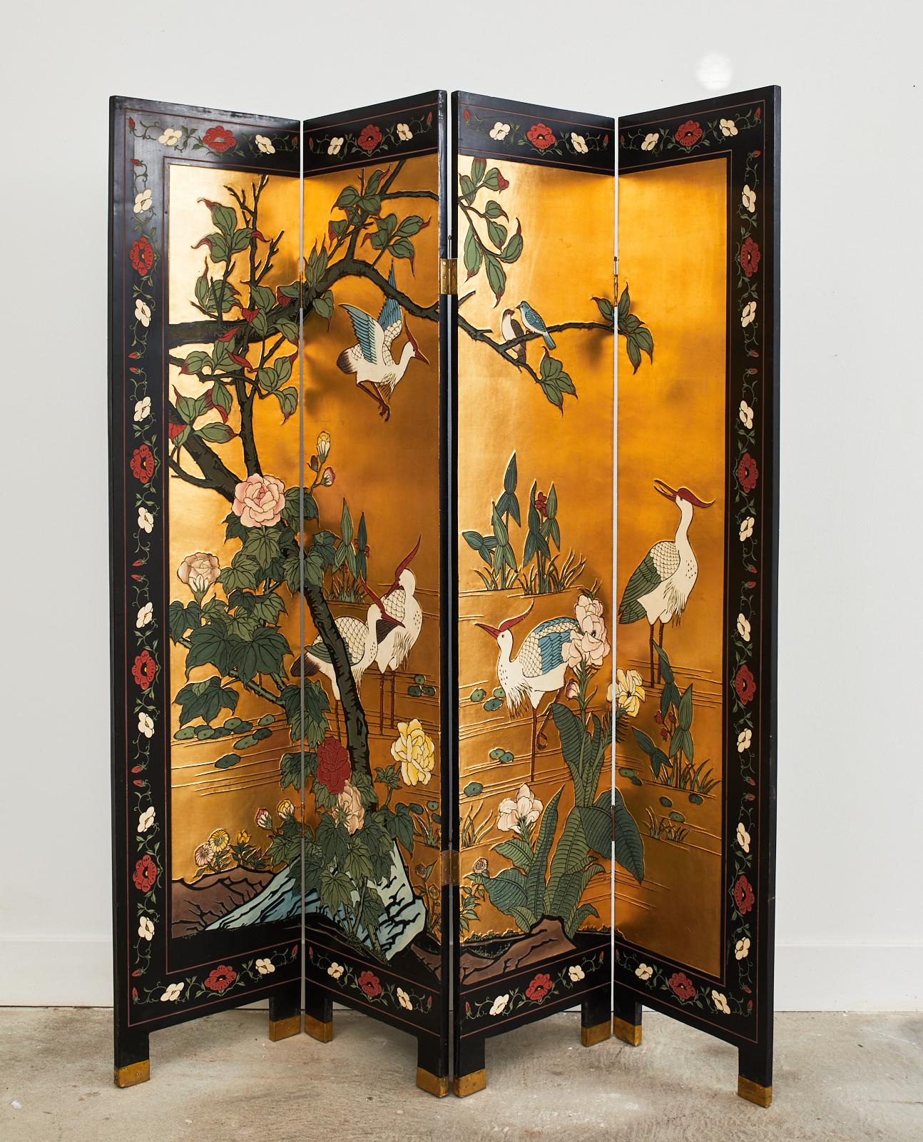 Chinese Export Four Panel Coromandel Screen Cranes on Gold Leaf For Sale 8