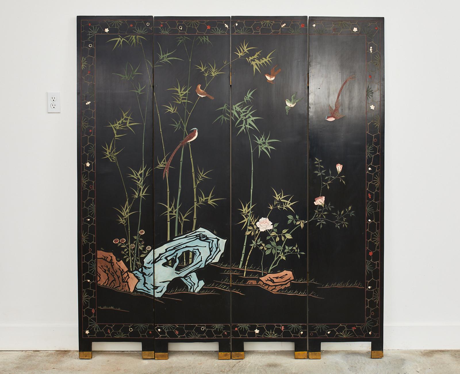 Chinese Export Four Panel Coromandel Screen Cranes on Gold Leaf For Sale 11