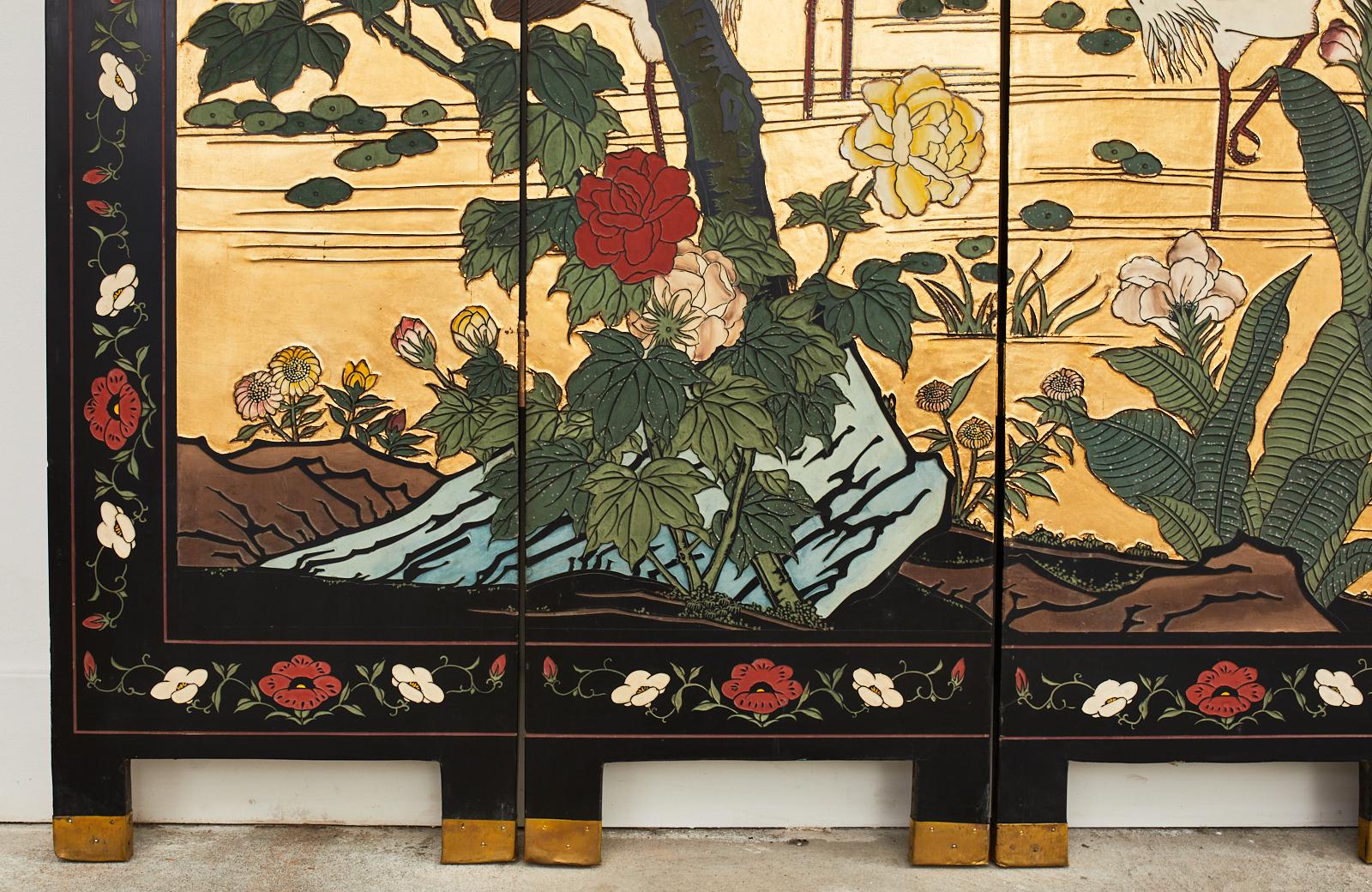 20th Century Chinese Export Four Panel Coromandel Screen Cranes on Gold Leaf For Sale