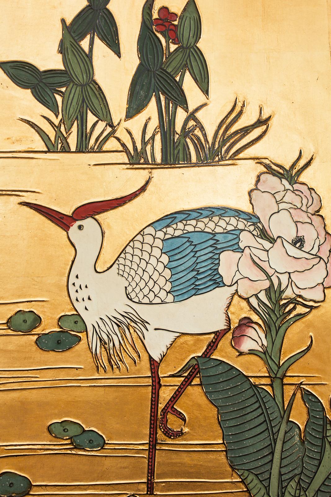 Chinese Export Four Panel Coromandel Screen Cranes on Gold Leaf For Sale 1