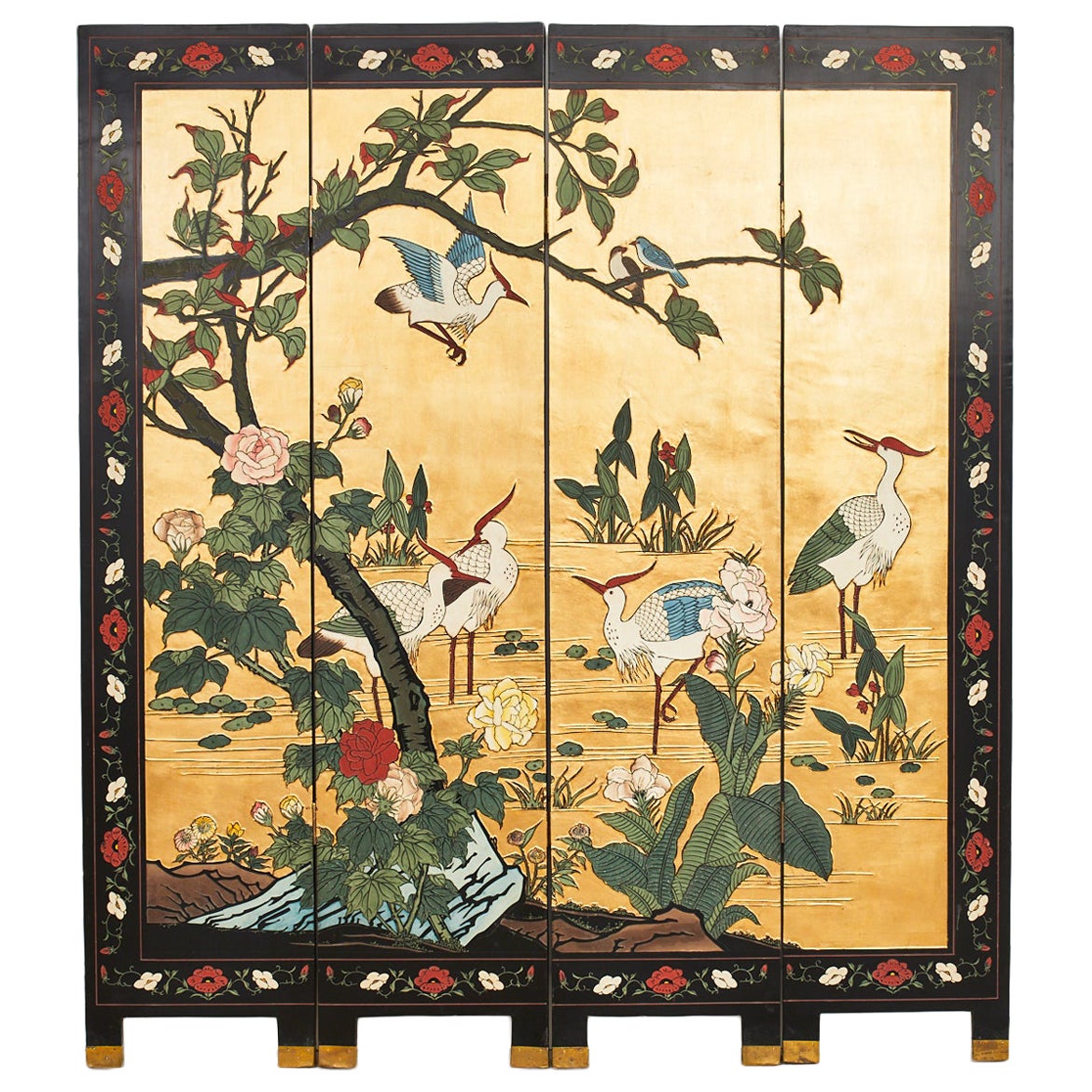Exportation chinoise Quatre panneaux Grues de Coromandel sur feuille d'or