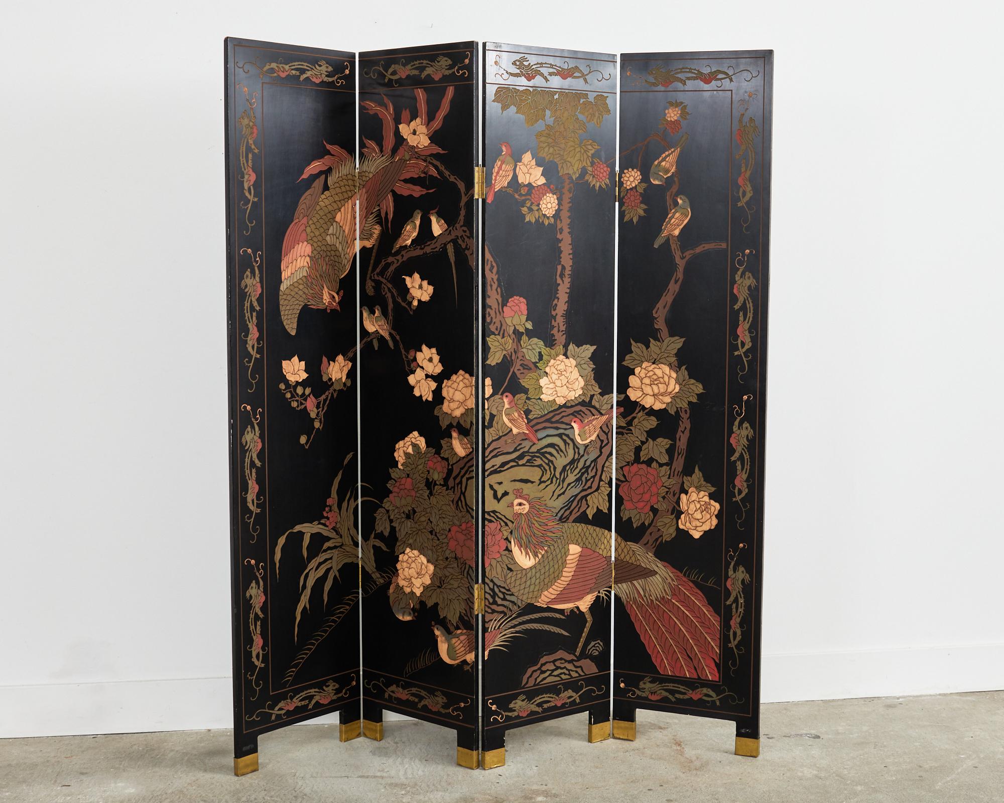 Lacquered Chinese Export Four-Panel Coromandel Screen Flora and Fauna