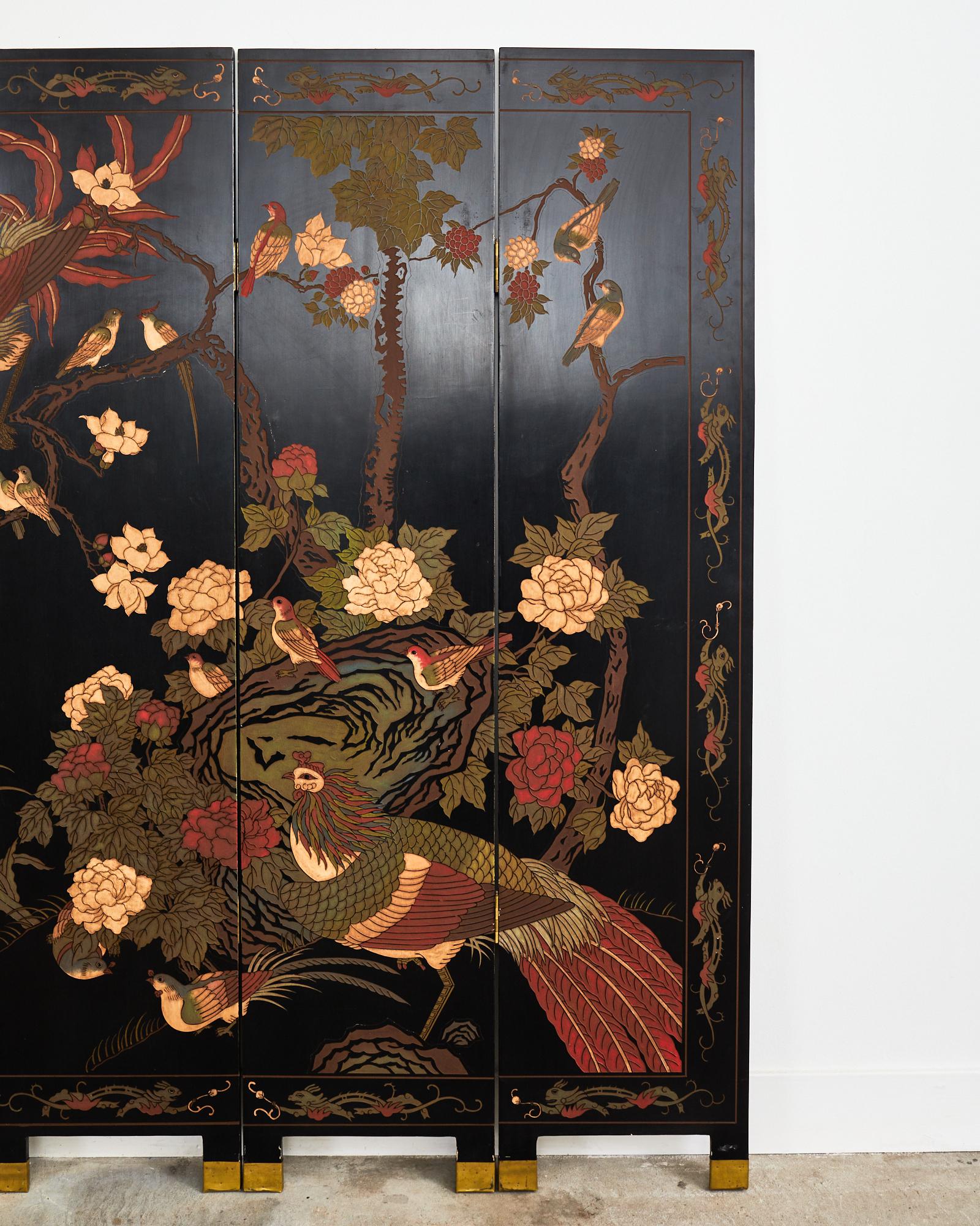 20th Century Chinese Export Four-Panel Coromandel Screen Flora and Fauna