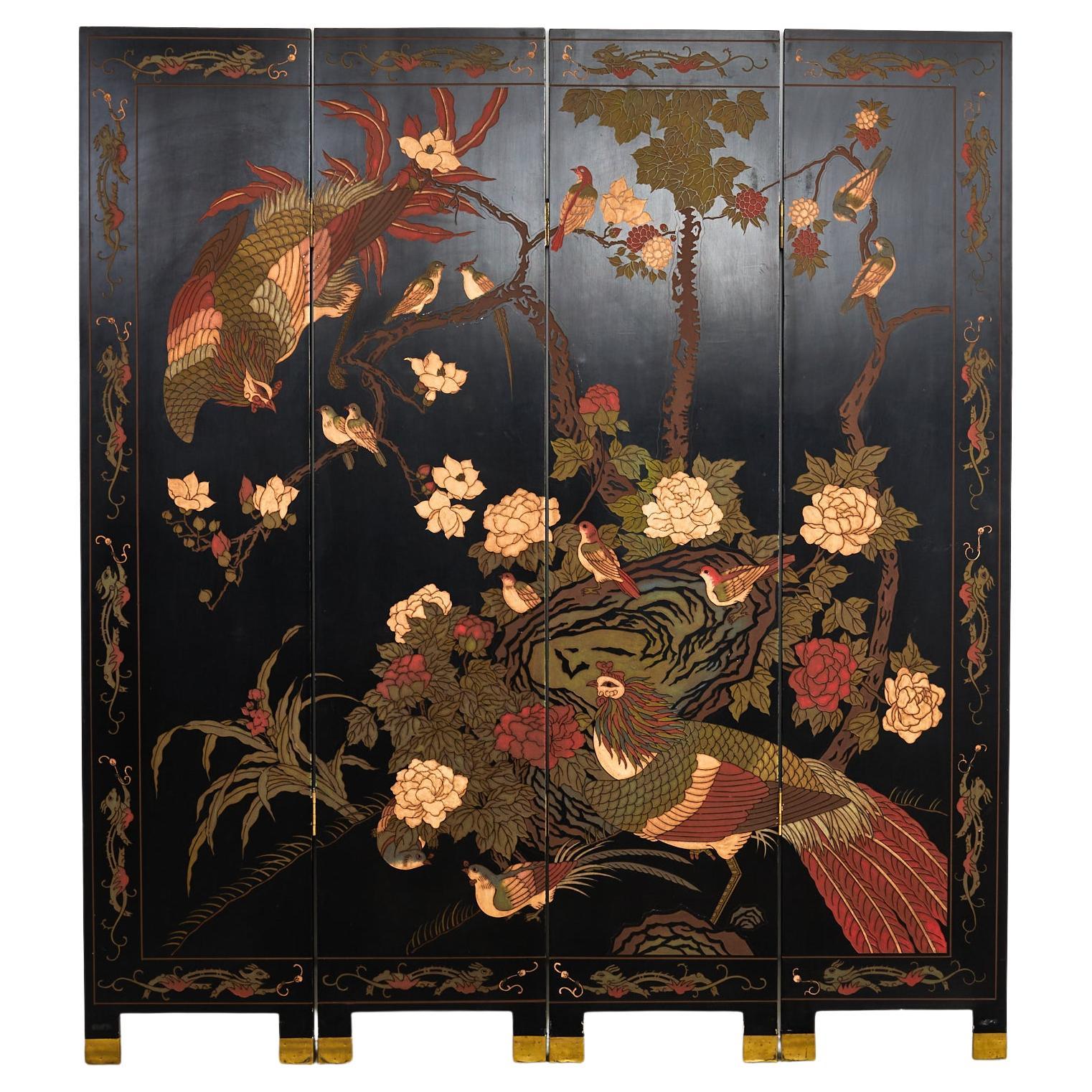 Chinese Export Four-Panel Coromandel Screen Flora and Fauna