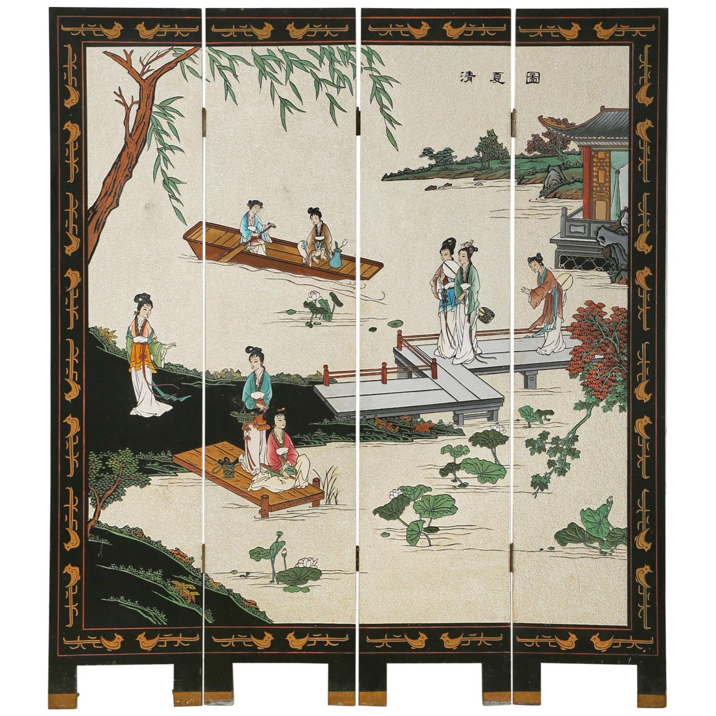 Chinese Export Four Panel Coromandel Screen Pearlescent Landscape For Sale