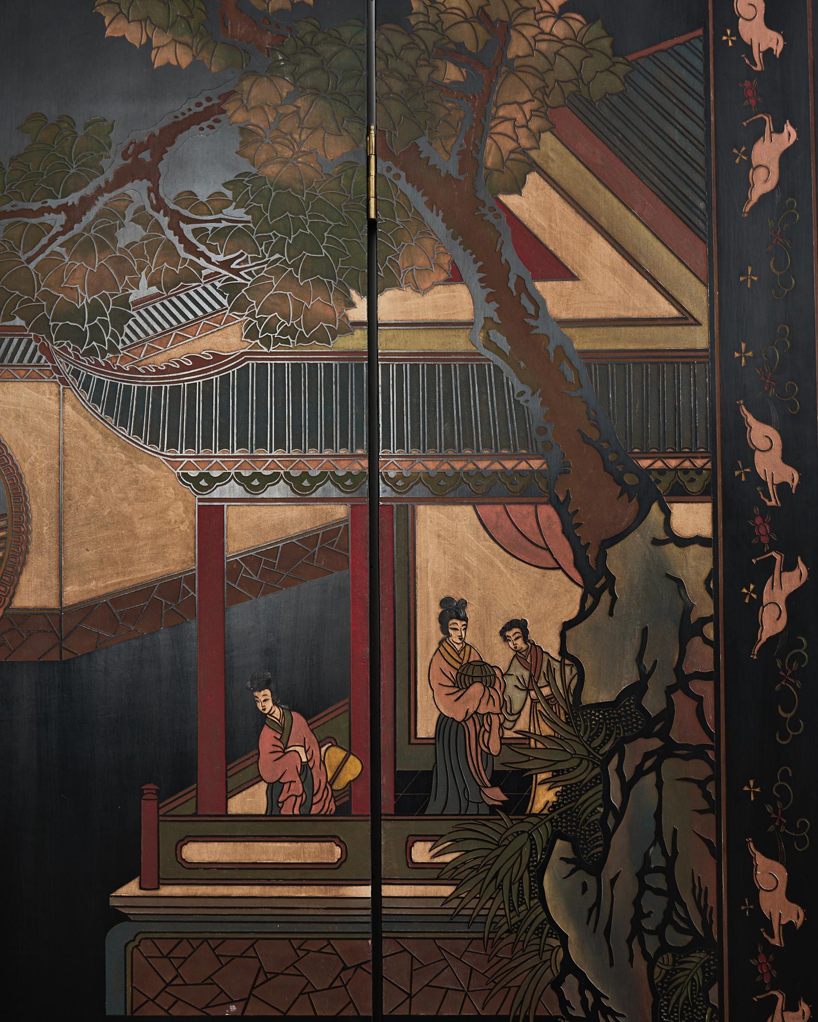 Chinese Export Four Panel Coromandel Screen Walled Pavilion For Sale 8