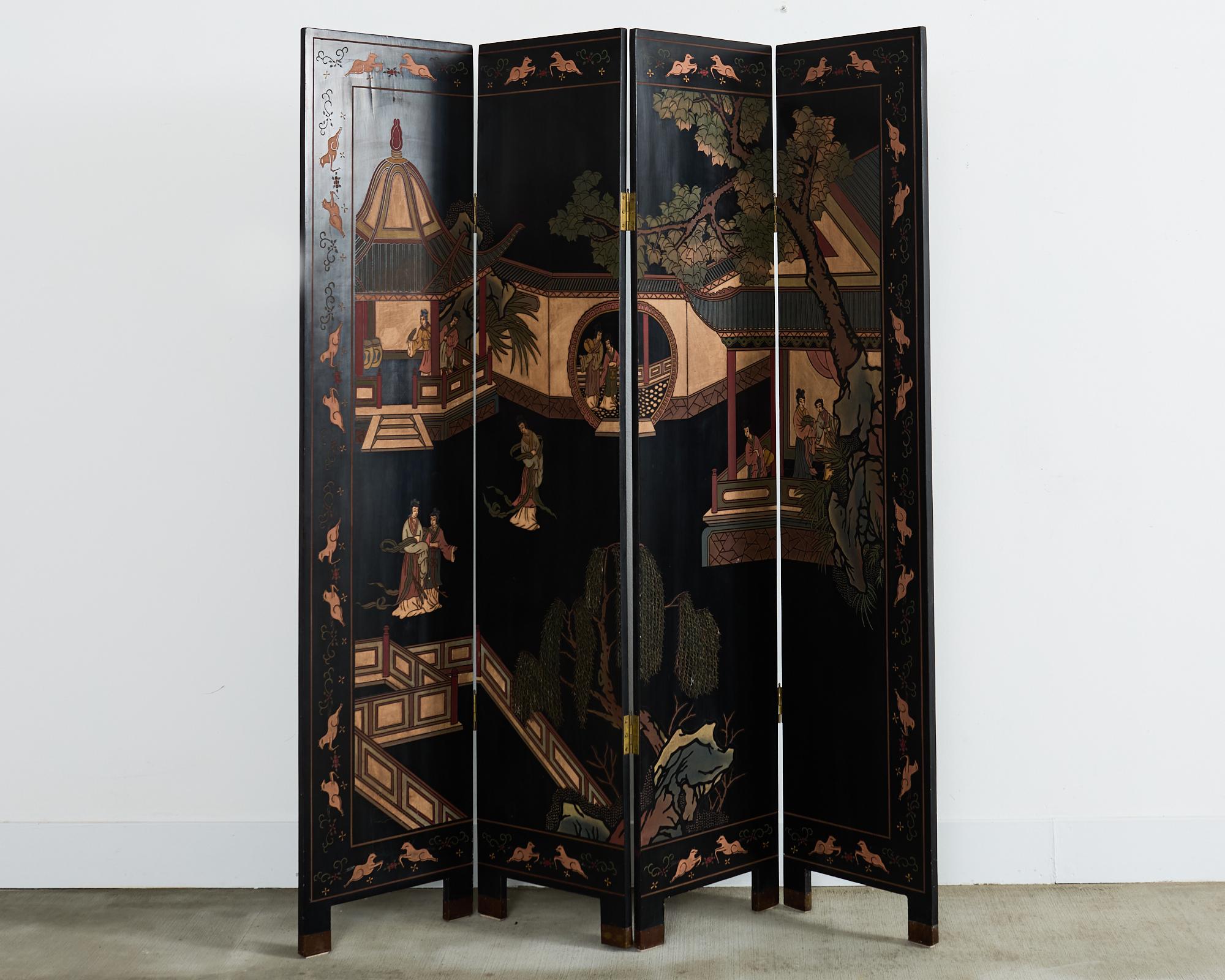 Chinese Export Four Panel Coromandel Screen Walled Pavilion For Sale 11