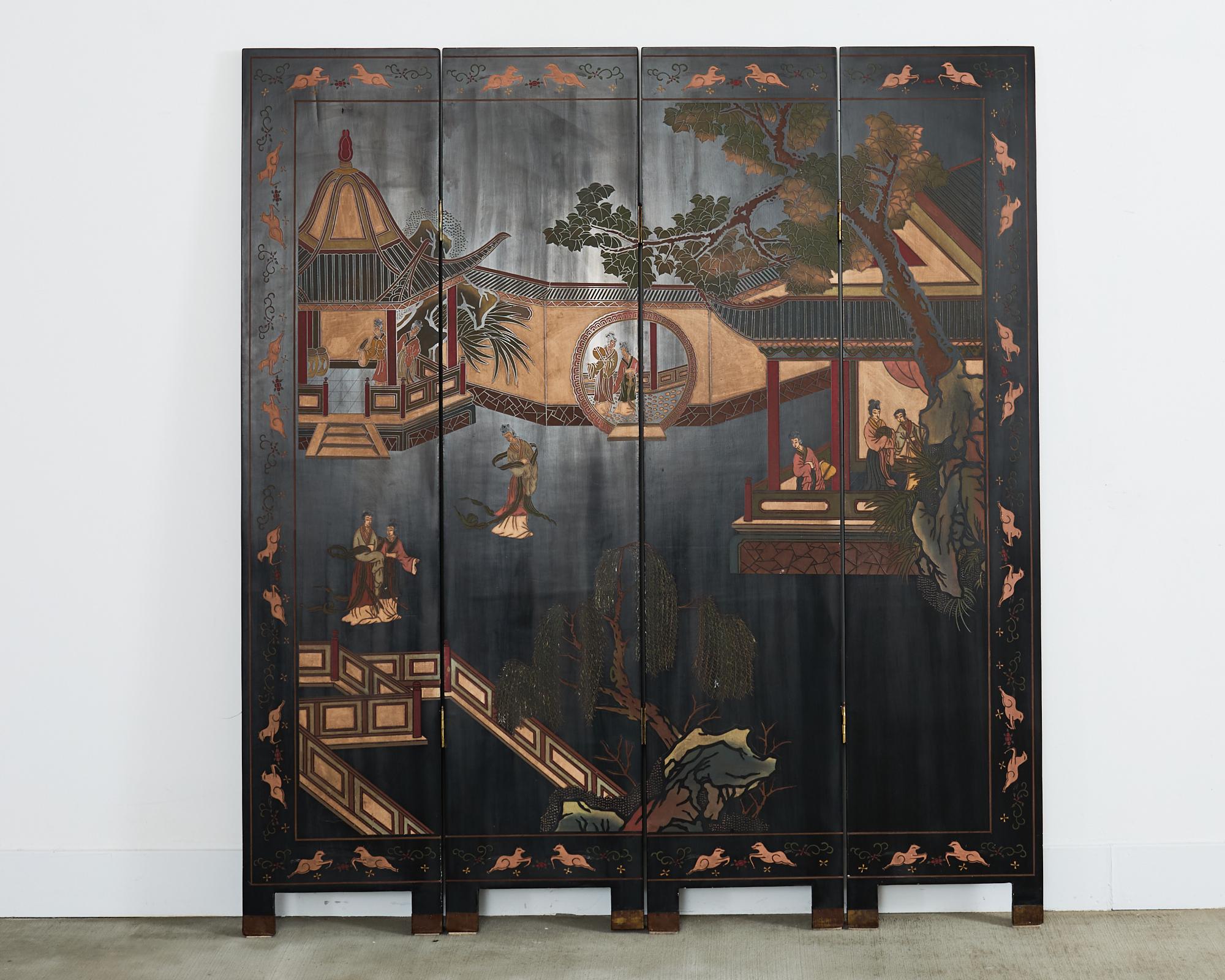 Lacquered Chinese Export Four Panel Coromandel Screen Walled Pavilion For Sale