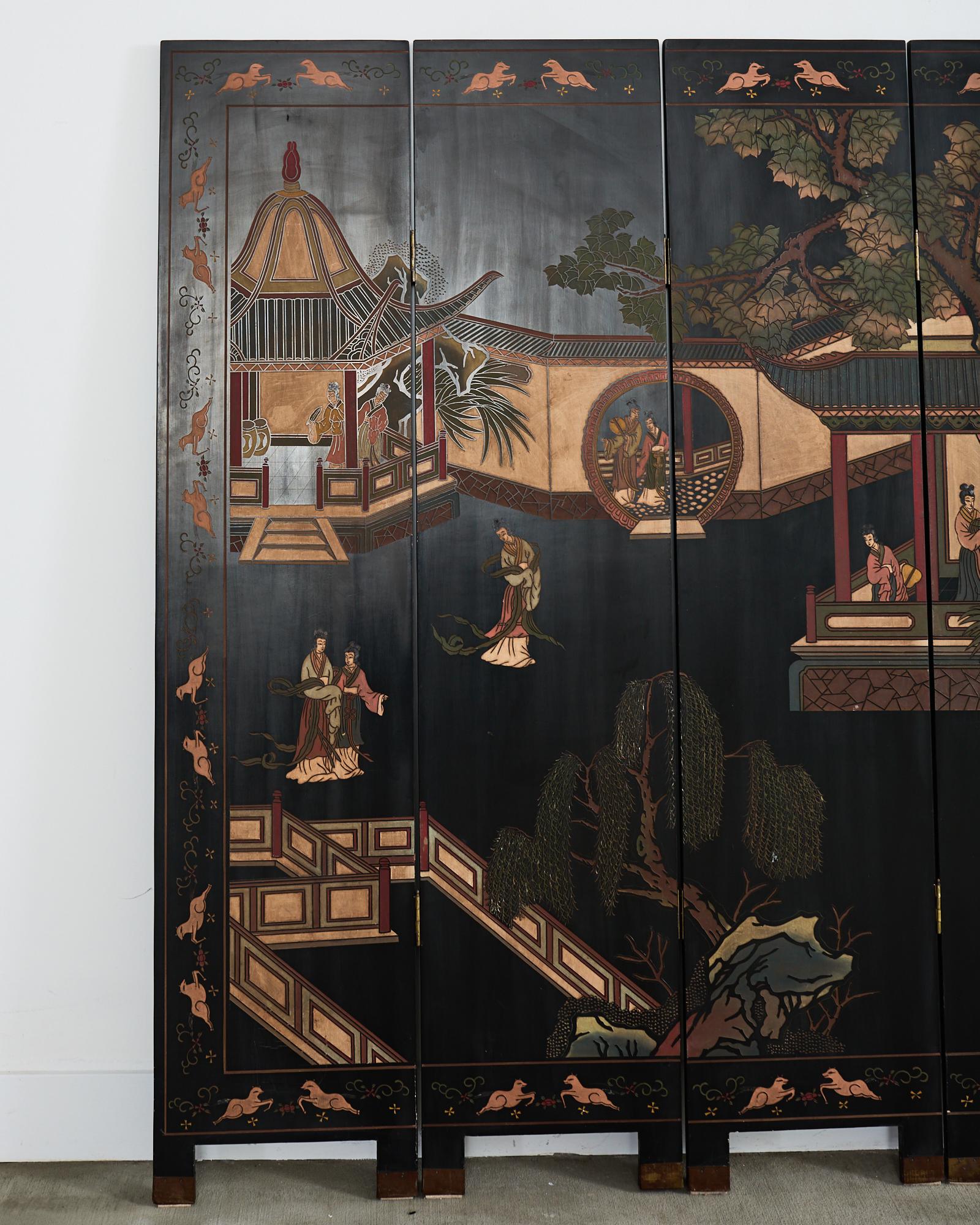 Chinese Export Four Panel Coromandel Screen Walled Pavilion In Good Condition For Sale In Rio Vista, CA