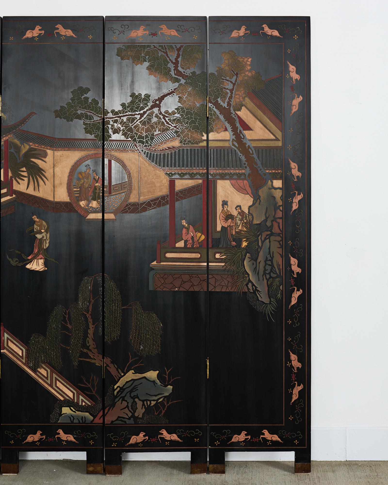 20th Century Chinese Export Four Panel Coromandel Screen Walled Pavilion For Sale