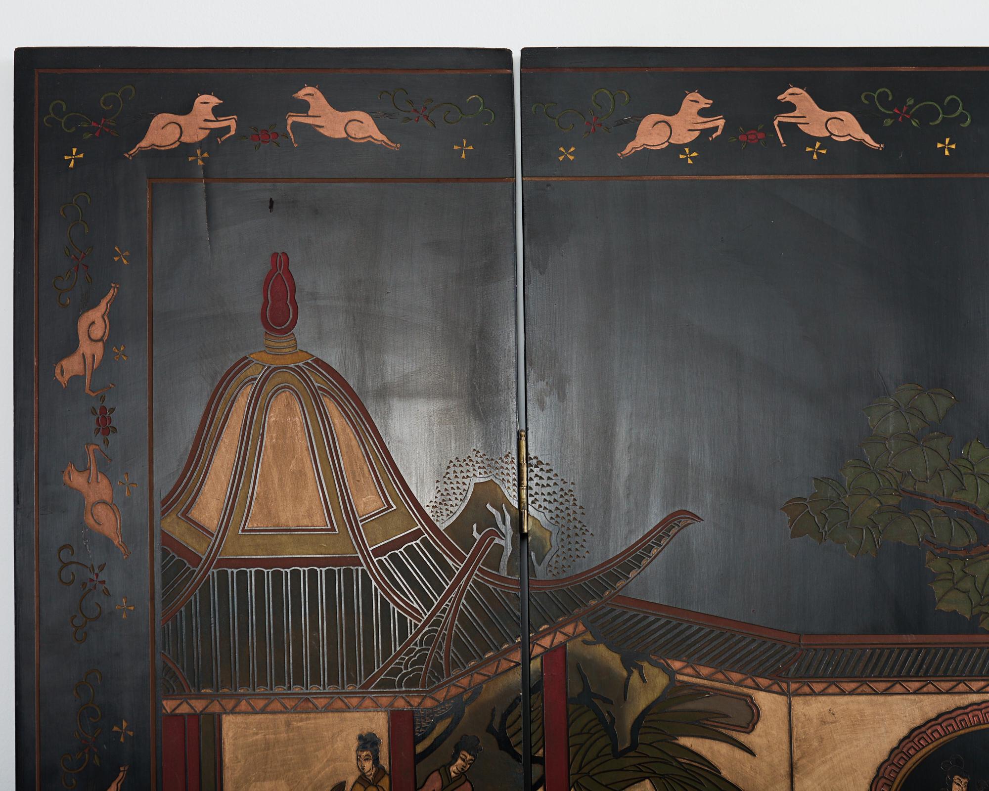 Brass Chinese Export Four Panel Coromandel Screen Walled Pavilion For Sale