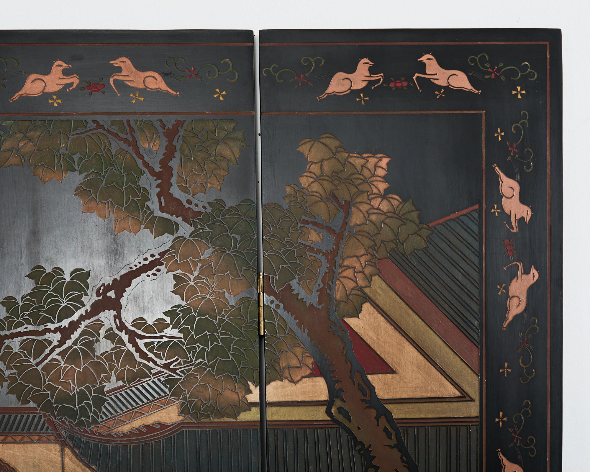 Chinese Export Four Panel Coromandel Screen Walled Pavilion For Sale 1