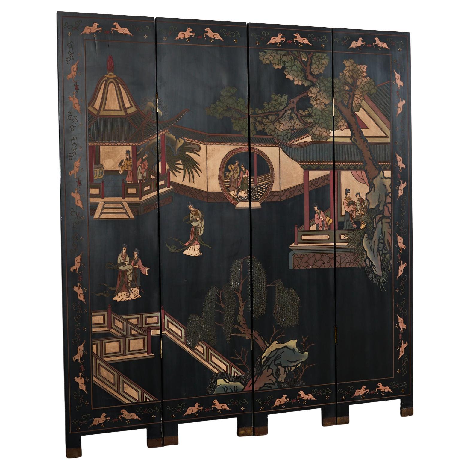 Pavilion mural à quatre panneaux de Coromandel, exporté de Chine