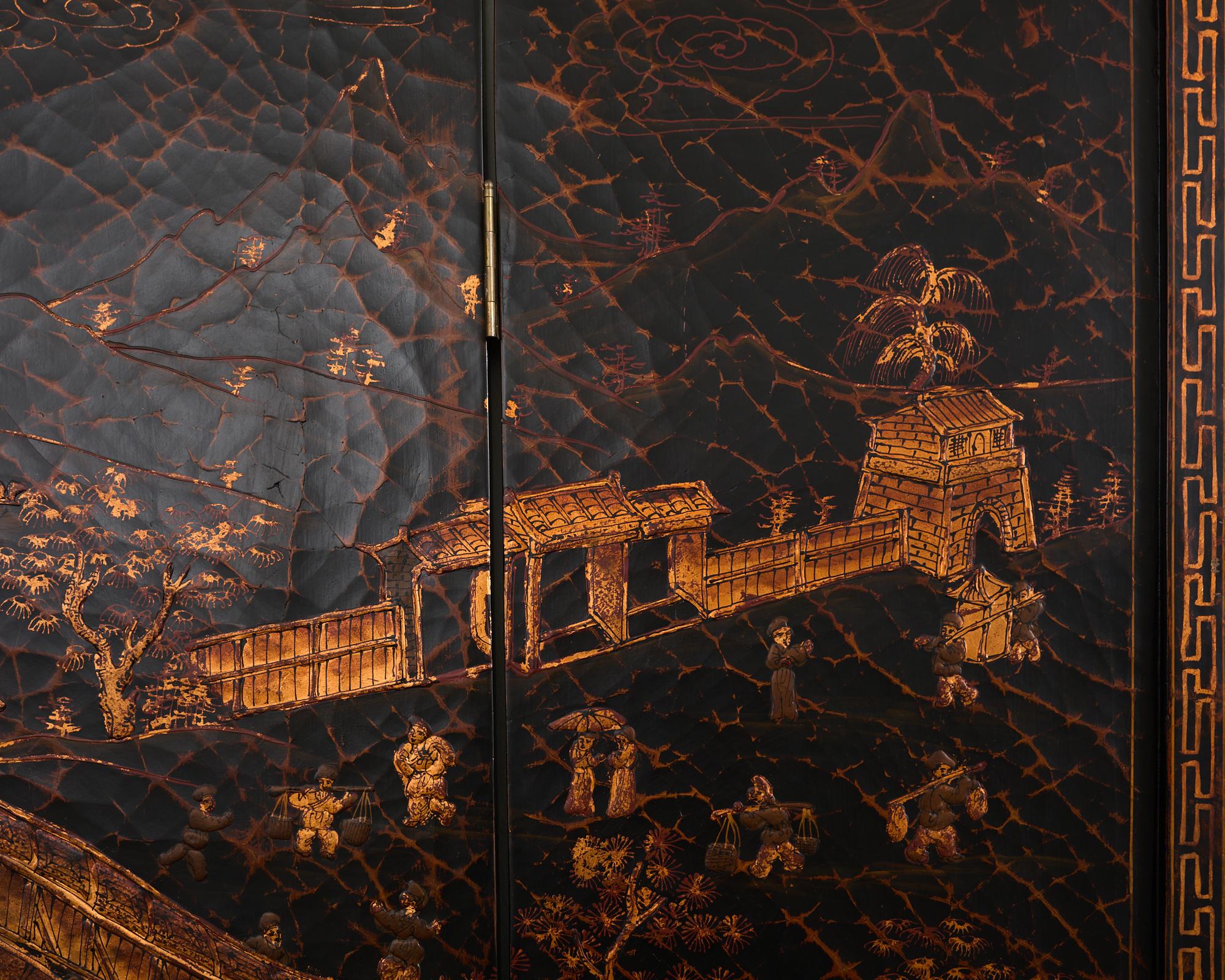 Chinese Export Four Panel Coromandel Style Screen Ancient Bridge For Sale 4